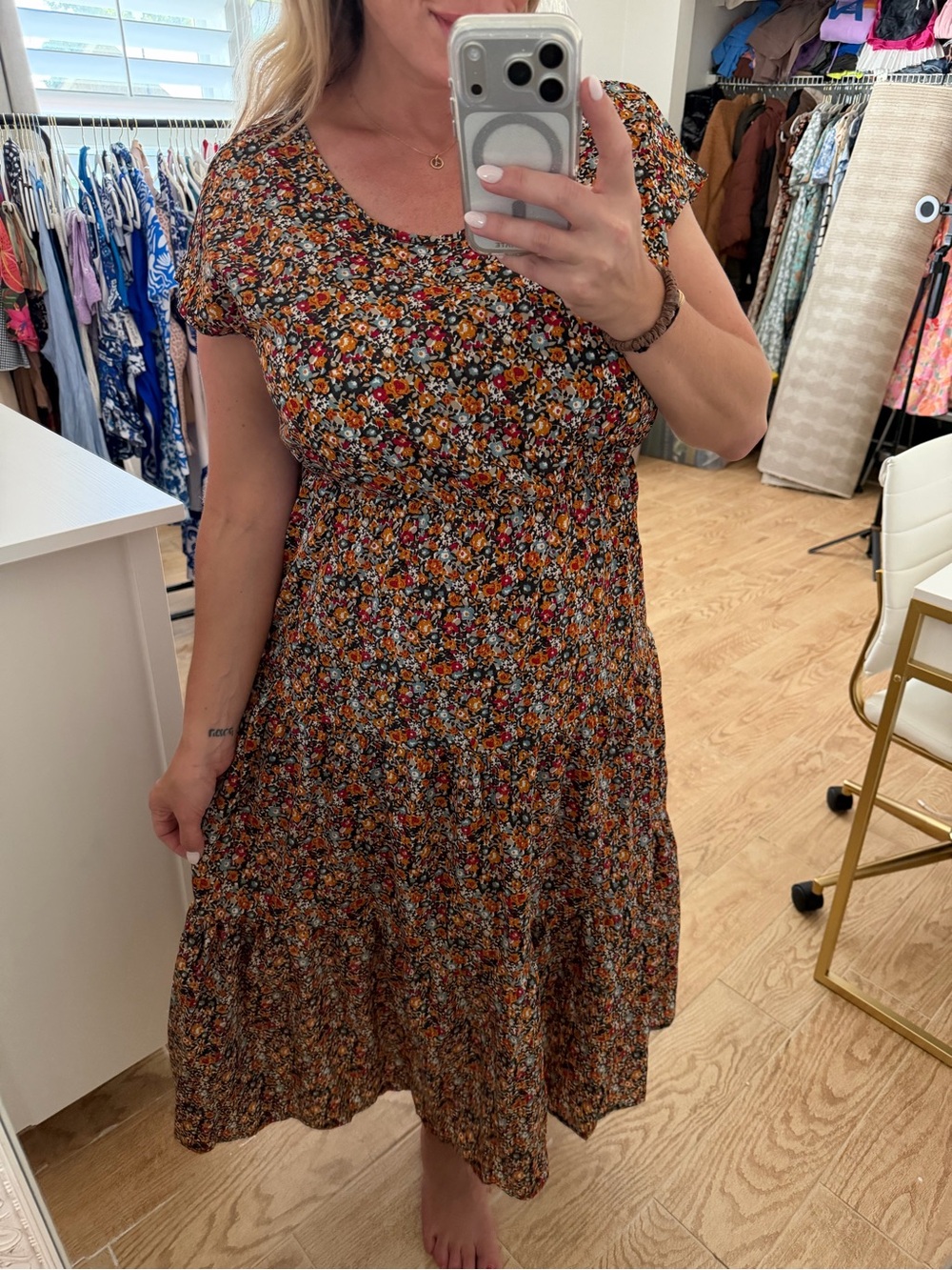 Floral Tiered Midi Dress in Rust Multi